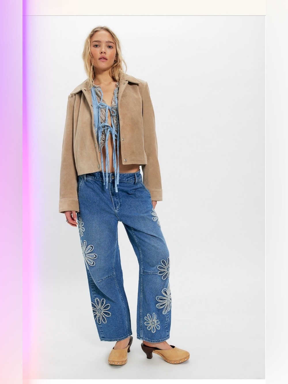 Free People Driftwood Barbie Barrel Jeans Daisy Patchwork NWT 💯 Cotton